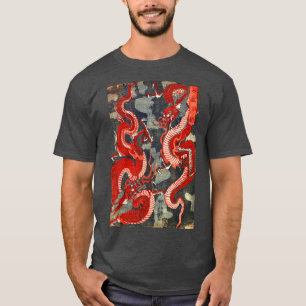 TWO DRAGONS JAPANESE WOODCUT IN RED BLACK WHITE  T-Shirt