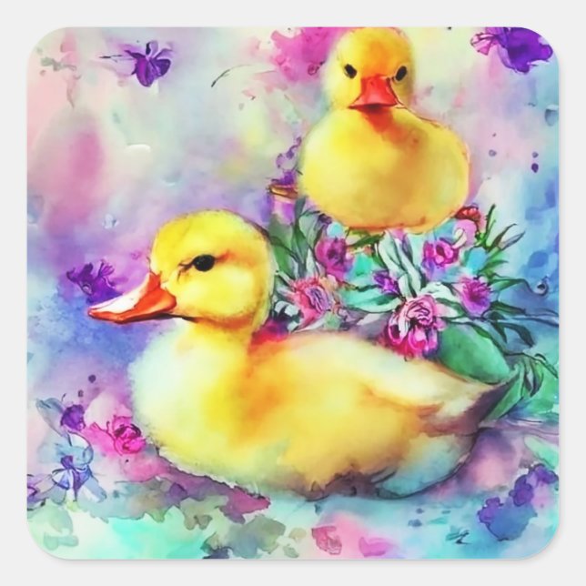 Two Ducks in Watercolor Square Sticker (Front)