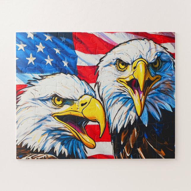 Two Eagles Talking - US Flag and Bald Eagles Jigsaw Puzzle (Horizontal)