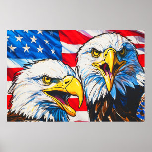 Two Eagles Talking - US Flag and Bald Eagles Poster