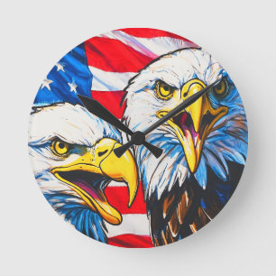 Two Eagles Talking - US Flag and Bald Eagles Round Clock