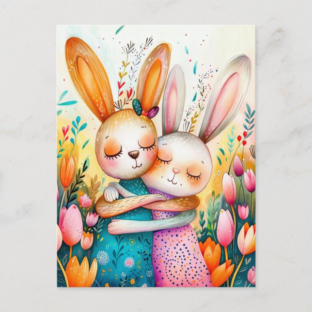 Two Easter Bunnies in Tulip Field Postcard (Front)