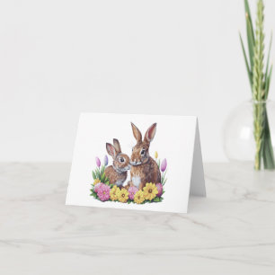 Two Easter Bunny Rabbits with Flowers BLANK  Card