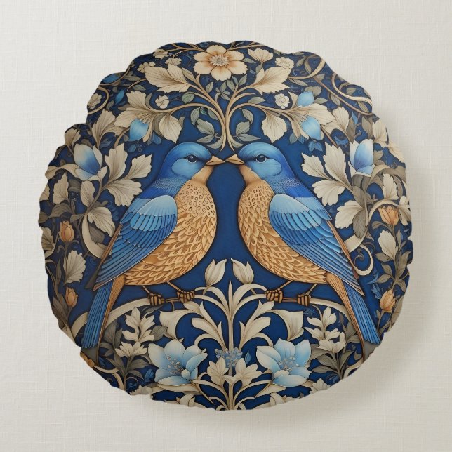 Two Elegant Blue Birds William Morris Inspired  Round Cushion (Front)
