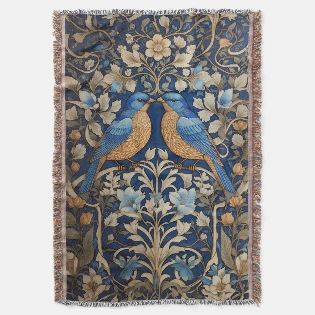 Two Elegant Blue Birds William Morris Inspired  Throw Blanket (Front Vertical)
