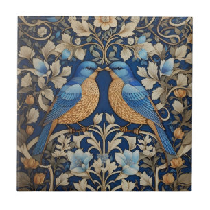Two Elegant Blue Birds William Morris Inspired Tile