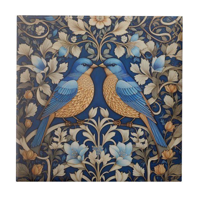Two Elegant Blue Birds William Morris Inspired  Tile (Front)