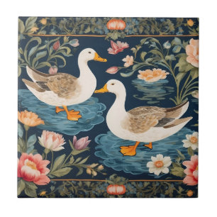 Two Elegant Ducks William Morris Inspired Tile