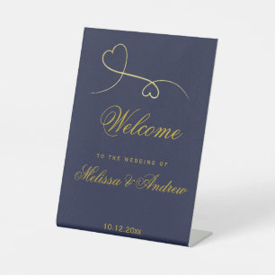 Two Elegant Gold Hearts Blue Wedding Welcome Pedestal Sign