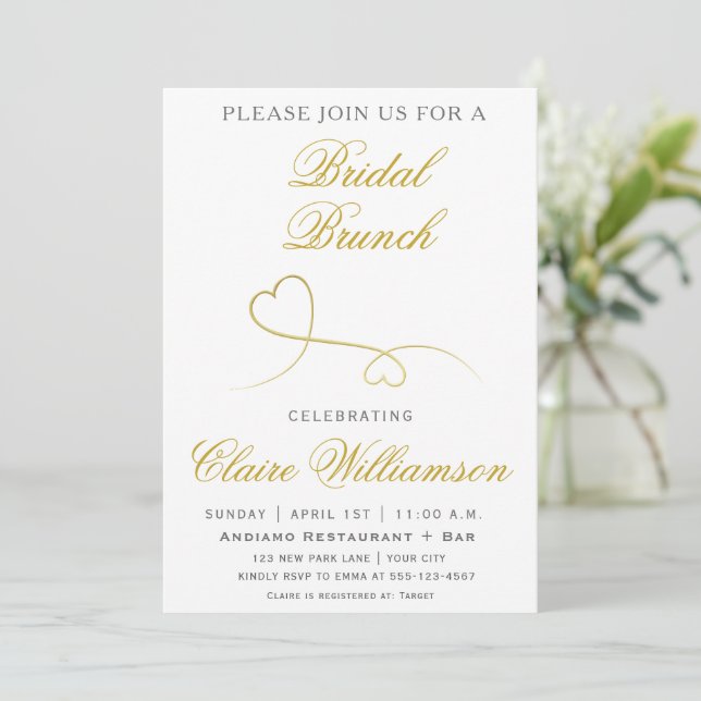 Two Elegant Gold Hearts | Bridal Brunch Invitation (Standing Front)