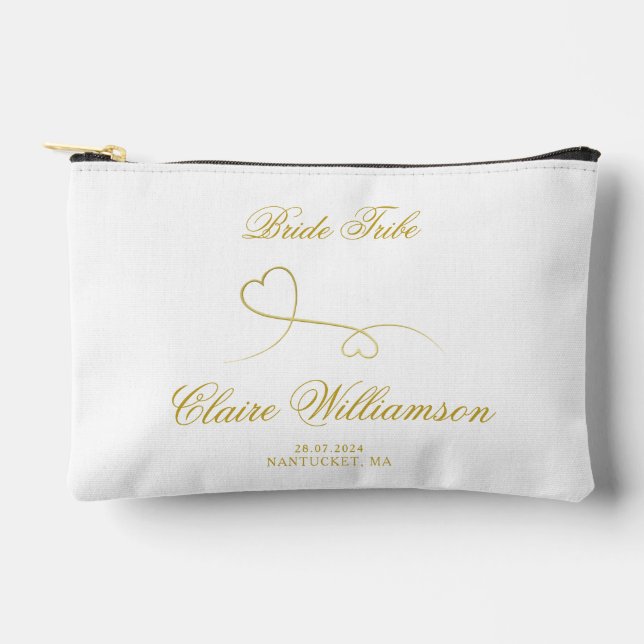 Two Elegant Gold Hearts | Bride Tribe Accessory Pouch (Front)