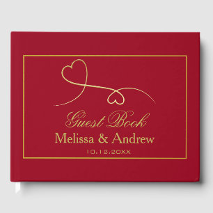 Two Elegant Gold Hearts Carmine Red Wedding Guest Book