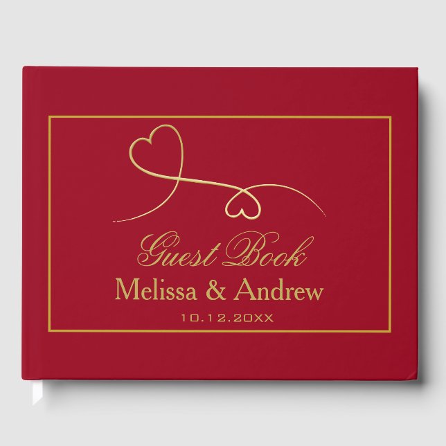 Two Elegant Gold Hearts | Carmine Red Wedding Guest Book (Front)
