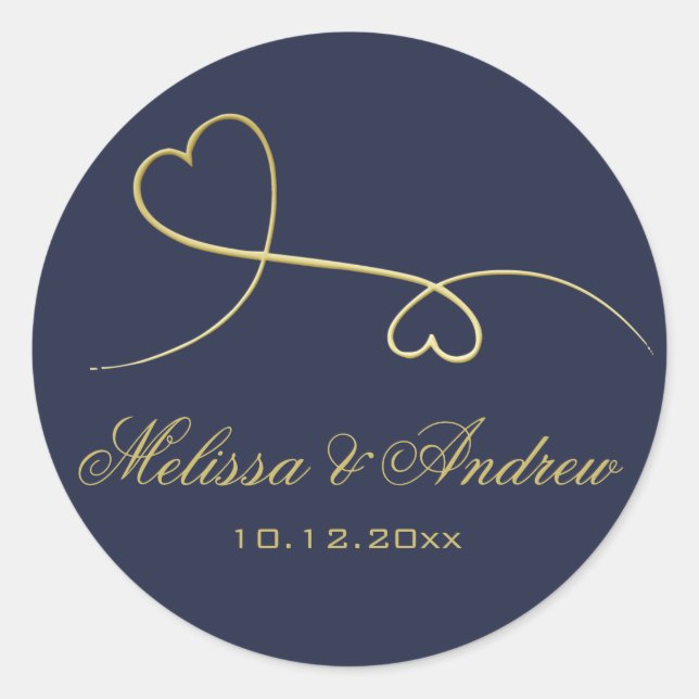 Two Elegant Gold Hearts  Personalised Blue Wedding Classic Round Sticker (Front)