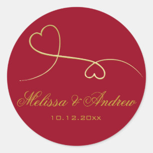 Two Elegant Gold Hearts Personalised Red Wedding Classic Round Sticker