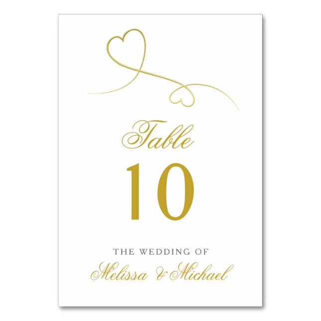 Two Elegant Gold Hearts | Personalised Wedding Table Number (Front)