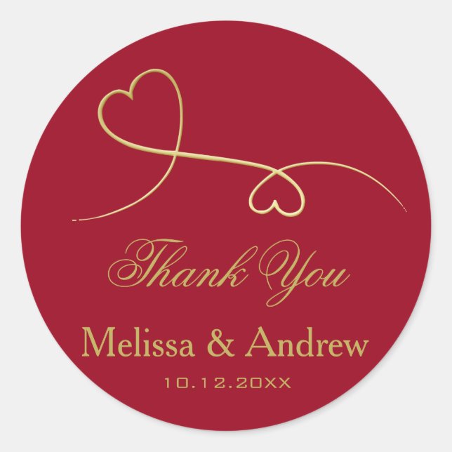 Two Elegant Gold Hearts | Red Wedding 'Thank You' Classic Round Sticker (Front)