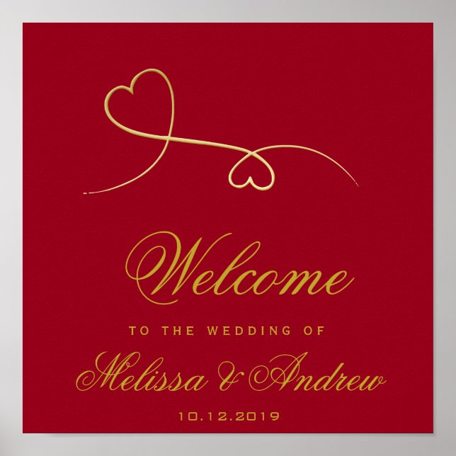 Two Elegant Gold Hearts | Red Wedding Welcome Poster (Front)
