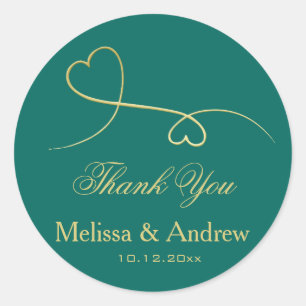 Two Elegant Gold Hearts Teal Wedding 'Thank You' Classic Round Sticker