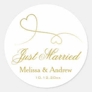 Two Elegant Gold Hearts   Wedding 'Just Married'  Classic Round Sticker