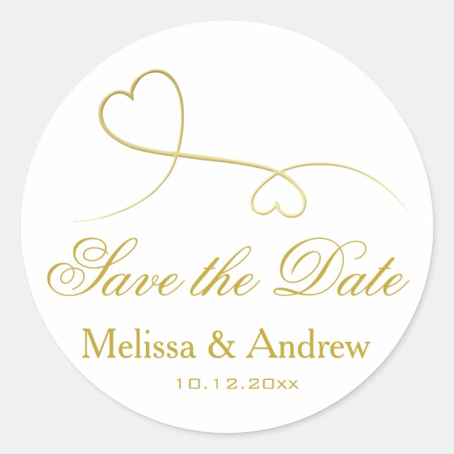 Two Elegant Gold Hearts | Wedding 'Save the Date'  Classic Round Sticker (Front)