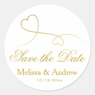 Two Elegant Gold Hearts   Wedding 'Save the Date'  Classic Round Sticker