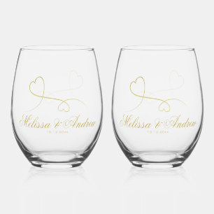 Two Elegant Gold Hearts   Wedding Stemless Wine Glass