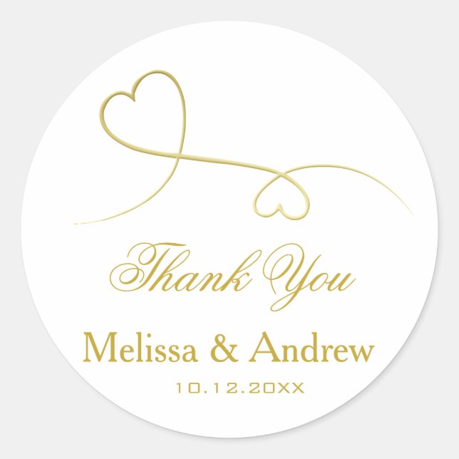 Two Elegant Gold Hearts | Wedding 'Thank You' Classic Round Sticker (Front)