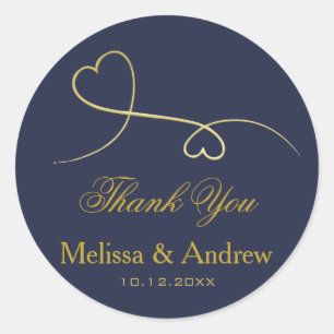 Two Elegant Gold Hearts Wedding 'Thank You' Classic Round Sticker