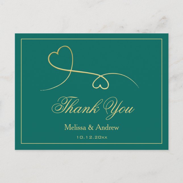 Two Elegant Gold Hearts | Wedding 'Thank You' Post Postcard (Front)
