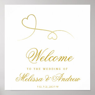 Two Elegant Gold Hearts Wedding Welcome Poster