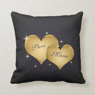 Two Elegant Golden Hearts Name Cushion