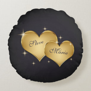 Two Elegant Golden Hearts Name Round Cushion