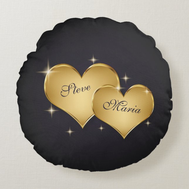 Two Elegant Golden Hearts Name Round Cushion (Front)