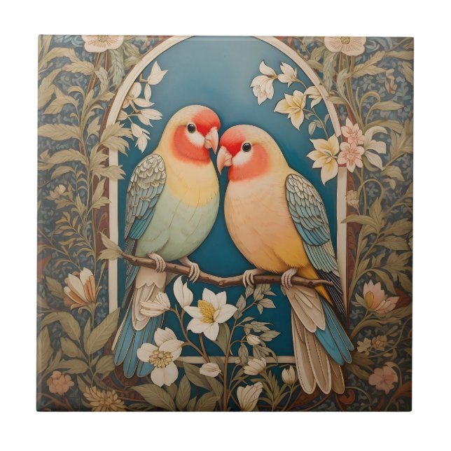 Two Elegant Lovebirds Vintage Floral Tile (Front)
