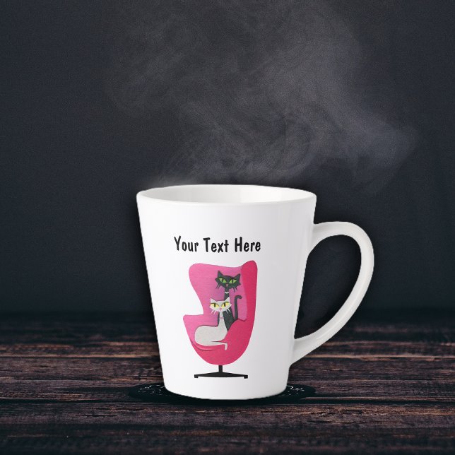 Two Elegant Mid Century Cats in Pink Chair Latte Mug (Two mid century style cats sitting in bright pink chair on latte mug.)