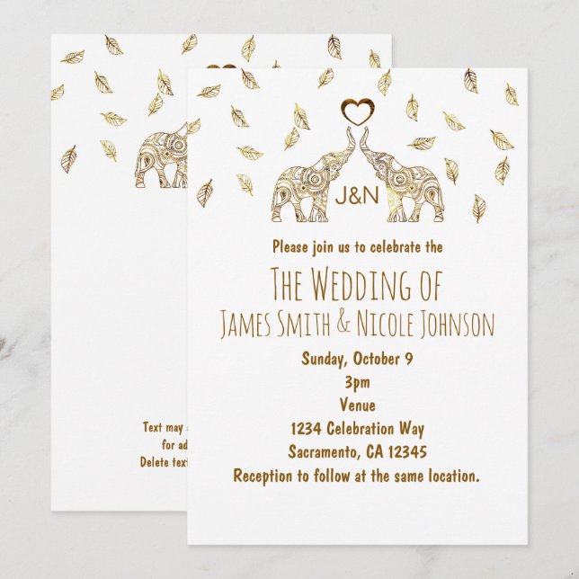 Two Elephants & Heart Gold Fall Wedding Invitation (Front/Back)