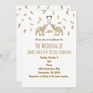 Two Elephants & Heart Gold Fall Wedding Invitation