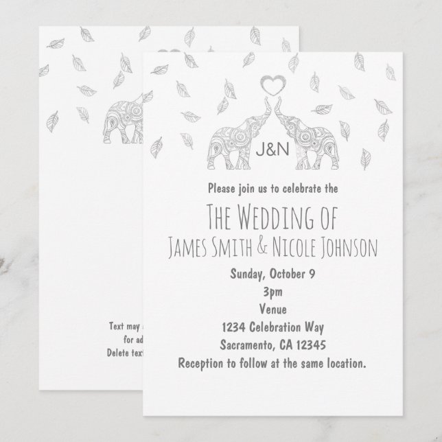 Two Elephants Heart Silver Fall Wedding Invitation (Front/Back)