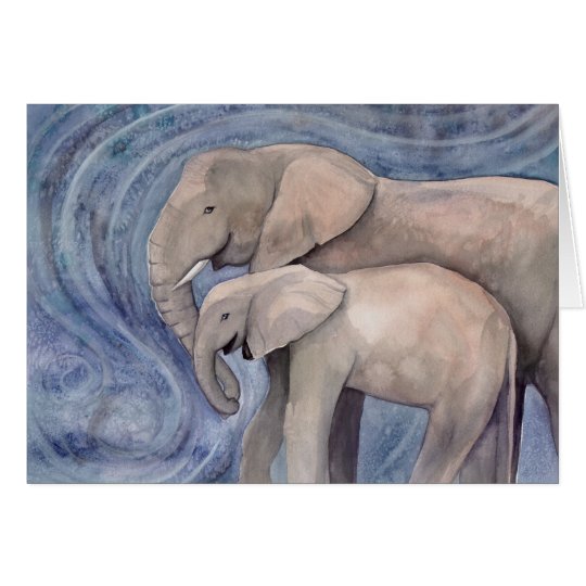Two Elephants Mother and Baby Watercolor Art Card