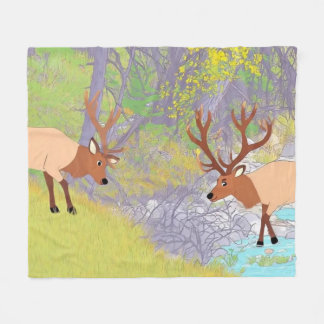 Two Elks in Autumn River Forest Fleece Blanket