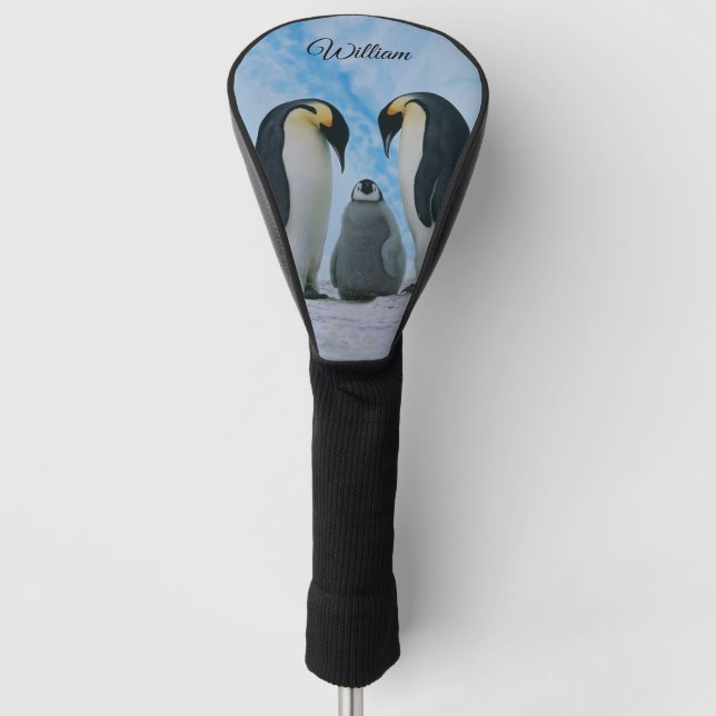Two Emperor Penguins and a Chick Personalised Golf Head Cover (Front)