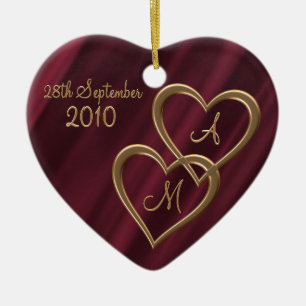 Two entwined gold hearts ceramic tree decoration