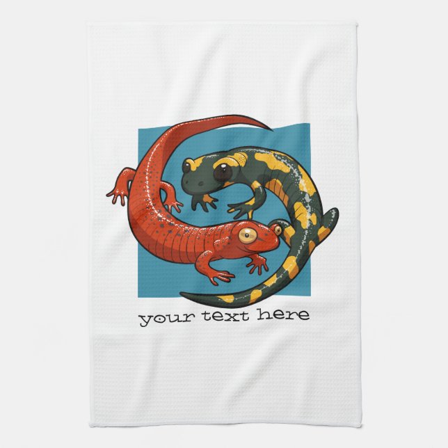 Two Entwined Smiling Friends Cartoon Salamander Tea Towel (Vertical)