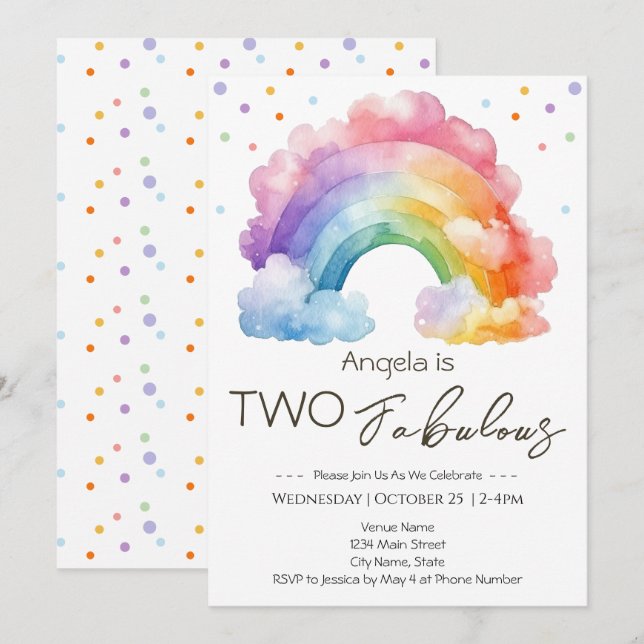 Two Fabulous Rainbow Kids Birthday  Invitation (Front/Back)