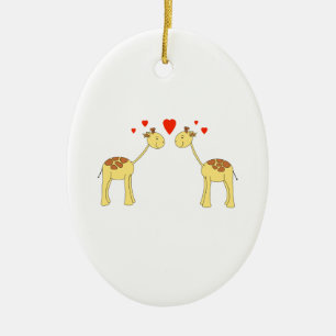 Two Facing Giraffes with Hearts. Cartoon. Ceramic Tree Decoration