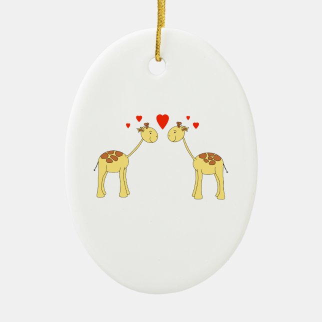 Two Facing Giraffes with Hearts. Cartoon. Ceramic Tree Decoration (Front)