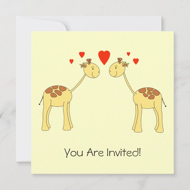 Two Facing Giraffes with Hearts. Cartoon. Invitation (Front)