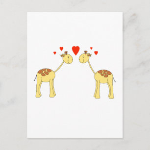 Two Facing Giraffes with Hearts. Cartoon. Postcard