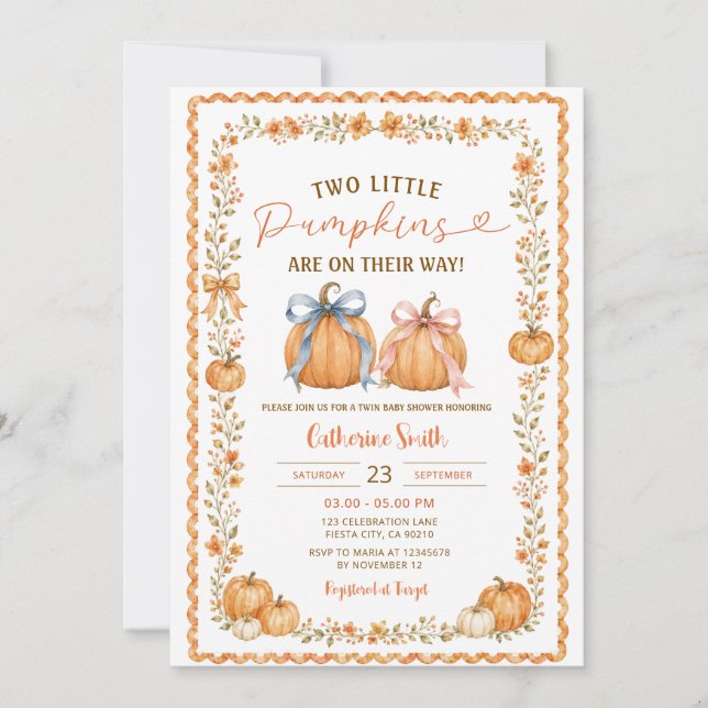 Two Fall Autumn Boho pumpkin twins baby shower Invitation (Front)